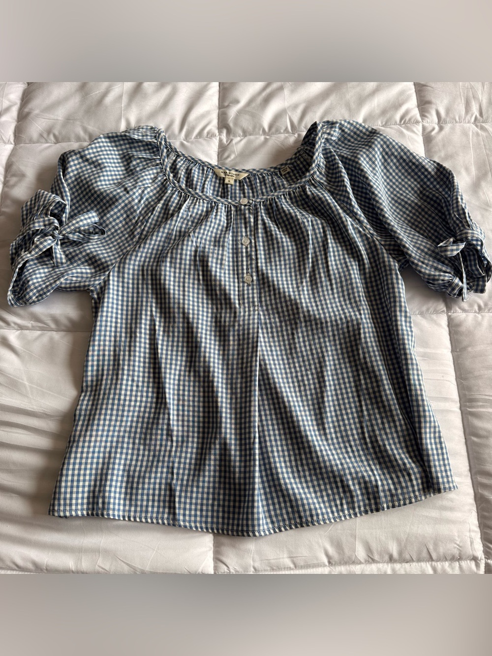 Max Studio Blue and White Gingham Peasant Blouse